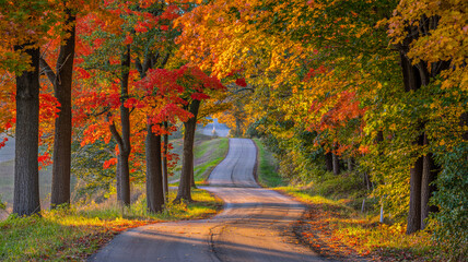 Fototapeta premium Scenic autumn road winding through colorful trees in the countryside landscape