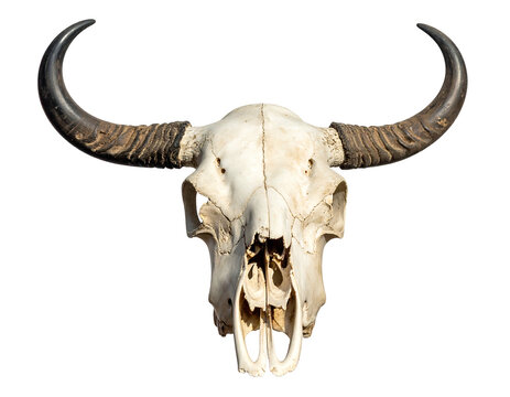 Close-up of a bleached white water buffalo skull with large horns
