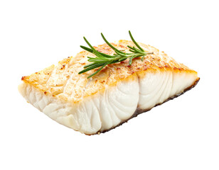 Pan-fried white fish fillet, browned skin, sprig of rosemary