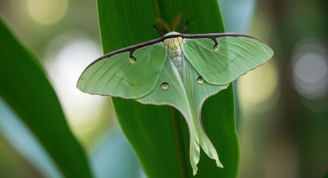 Green luna moth resting on leaf