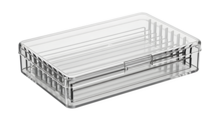 A transparent plastic box with a lid, isolated on transparent background, used for storage and organization of various items in a clean and simple way