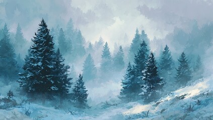 A winter landscape of a misty forest