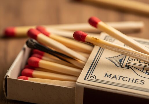 Vintage matches in a box, with a spent match among the new ones. - Powered by Adobe