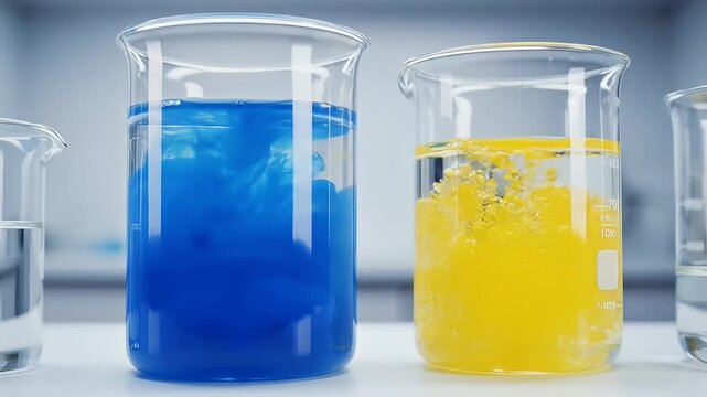 Close-up of blue and yellow liquid being poured into beakers with clear water in laboratory