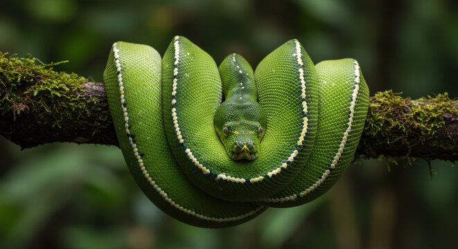Green tree python resting on branch