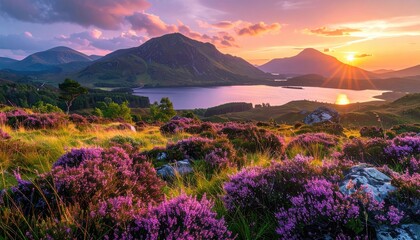 Sunset over a mountain lake, vibrant flowers