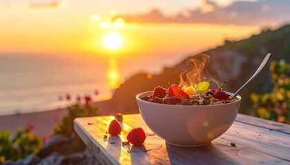 A bowl of steaming granola with berries sits atop a weathered wooden table, the sun setting over the ocean in the background