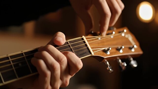 Close-up of Person's Hands Tuning an Acoustic Guitar Neck with Tuning Pegs