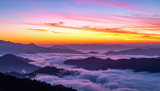 Sunrise over misty mountain range