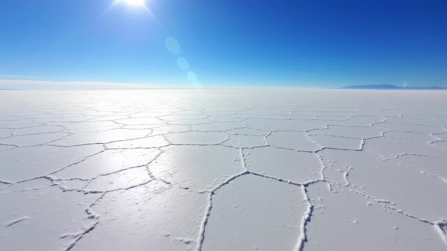 Vast white salt flat, patterned with cracks, under a brilliant blue sky