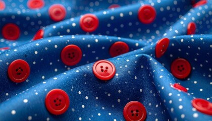 Red buttons on blue fabric with white polka dots