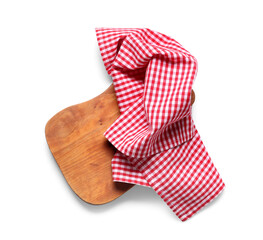 Wooden cutting board and red checkered napkin on white background