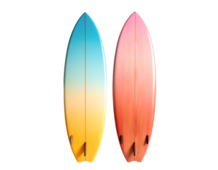 Two colorful surfboards, one teal/yellow gradient, the other coral/orange, side-by-side