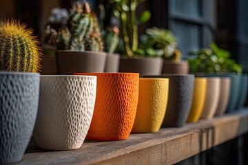 Row of colorful textured plant pots on wooden shelf