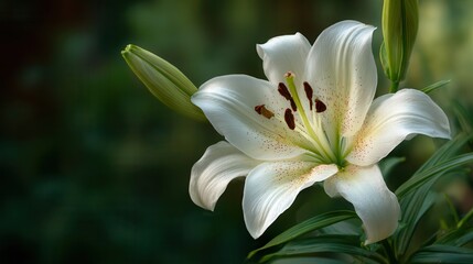 Naklejka premium Close-up of a delicate white lily with lush green foliage outdoors in soft light