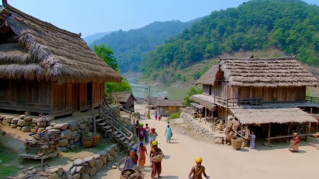 A picturesque village nestled in a valley, with thatched-roof houses, a river, and people going about their daily lives