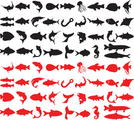 fish, marine life, sea creatures, ocean, wildlife, silhouette, outline, drawing, illustration, sketch, line art, black, red, hook, fishing, seahorse, jellyfish, dolphin, shark, stingray, tail, fin, si