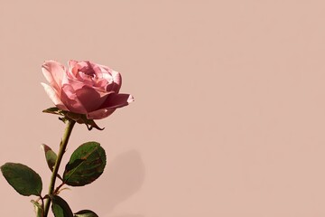 Fototapeta premium Single pale pink rose against a muted peach background