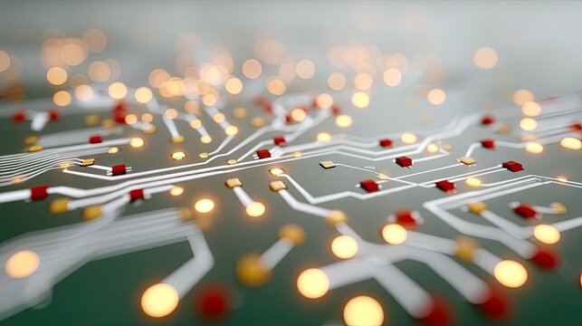 Glowing Digital Circuit Board Close Up with White Lines Red and Yellow Components on Green Background - Powered by Adobe