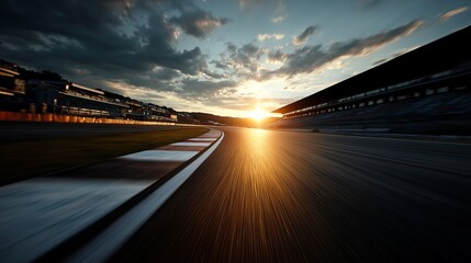 Racing Track at Sunset: Blurred Motion View of Speed and Competition, High-Performance Automotive Event