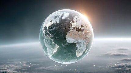 Glowing Earth Hologram Floating Above Cloudscape with Sun Flare Cinematic Global Visualization Futuristic Technology and International Connectivity in Space