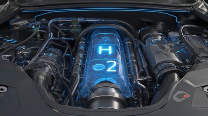 Hydrogen Powered Engine Compartment Displaying H2 Symbol, Automotive Innovation and Sustainable Energy Solutions