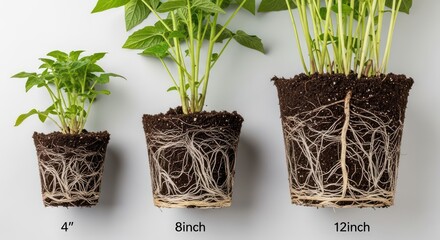 Three potted plants with exposed root systems showing growth stages