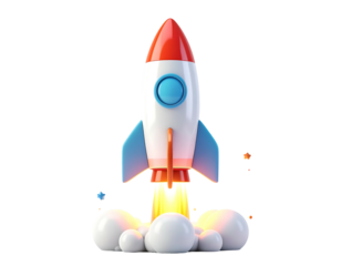 Cartoon rocket launching, stylized 3D model, with orange and red body, white and blue accents, and yellow exhaust plume