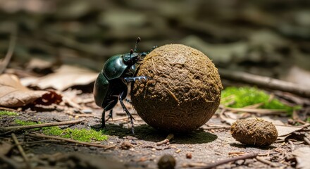 Close-up of a Dung Beetle Rolling a Ball of Dung in a Forest