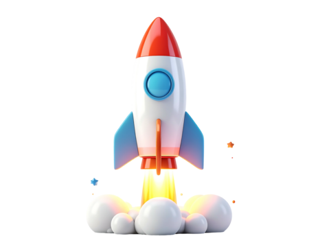 Cartoon rocket launching, stylized 3D model, with orange and red body, white and blue accents, and yellow exhaust plume