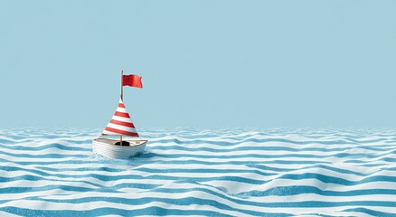 Miniature sailboat on pastel blue waves