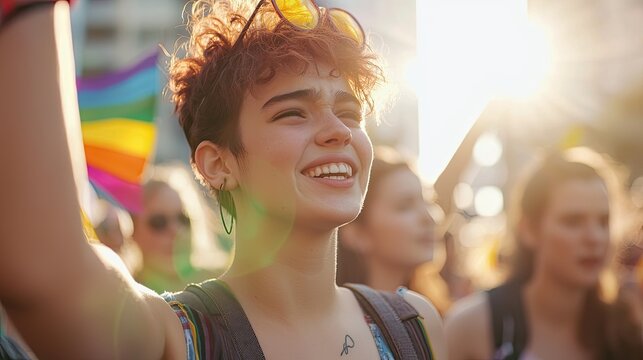 Non-binary youth leading chant at pride-adjacent gender protest, emotional expression, bright outdoor light 
