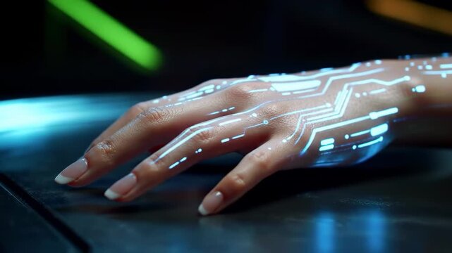 Close-up of a hand with glowing circuit patterns