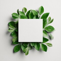 Blank square paper surrounded by fresh green leaves