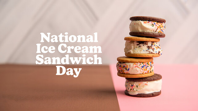 Stack of ice cream sandwiches on a colorful surface celebrating National Ice Cream Sandwich Day