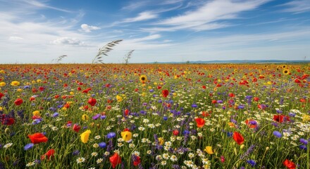 Vibrant wildflower meadow under a blue sky with wispy clouds, stretching to the horizon