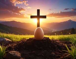 Sunrise cross and egg on a hillside