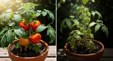 Two Tomato Plants in Pots, Showing Growth Stages