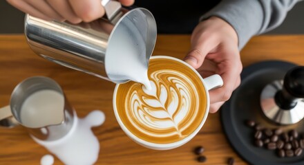 Barista Pouring Milk Creating Latte Art Flower Design