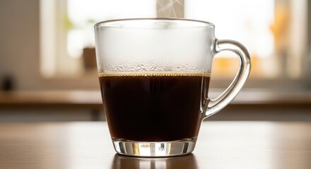Steaming black coffee in clear glass mug on wooden table, bright window background