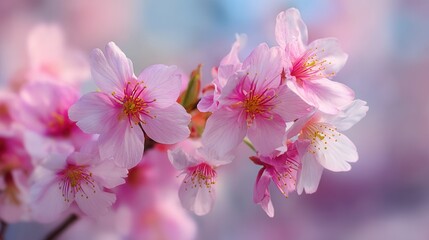 Delicate pink cherry blossoms in soft focus bloom gentle springtime beauty close up