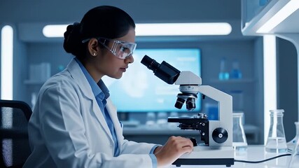 Young woman scientist focusing on microscope in a modern laboratory, medical research - Powered by Adobe