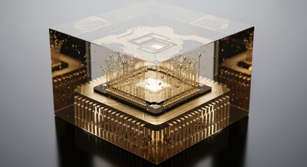 Golden Quantum Computer Chip in Clear Cube, Futuristic Technology Concept