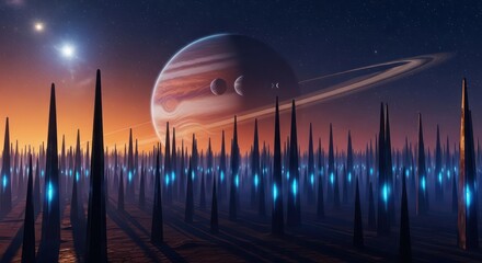 Alien Landscape with Illuminated Towers and a Glowing Planet