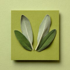 Two sage leaves arranged symmetrically on a lime green square