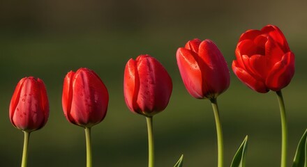 Four Vibrant Red Tulips with Dew Drops in Soft Focus
