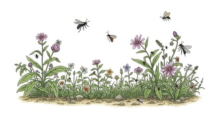 Illustrated Wildflower Meadow with Busy Bees and Insects