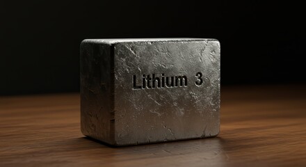 Raw lithium metal sample on table, silvery soft alkali element with atomic number 3, chemical element used in batteries, chemistry experiments, material science, and atomic research studies