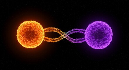 Two glowing particles connected by energy thread across space, illustrating quantum entanglement, subatomic particle interaction, quantum physics concept, and futuristic scientific visualization