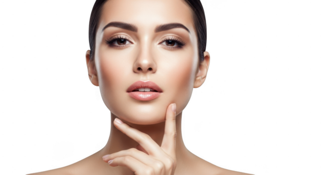 A beautiful woman with flawless skin touches her chin thoughtfully, isolated on transparent background
